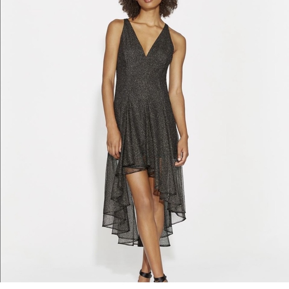 Halston Black and Gold Metallic Lace High-Low Sleeveless Dress Size 14 NEW